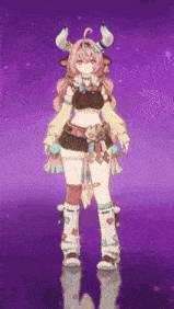 a girl with horns is standing on a purple background .