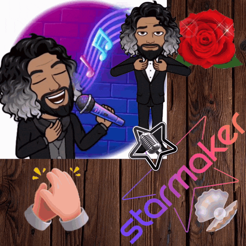 a cartoon of a man singing into a microphone with the word starmaker on the bottom left