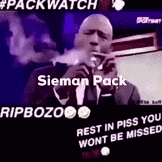 a man in a suit is smoking a cigarette and says rip bozo rest in piss you won t be missed .