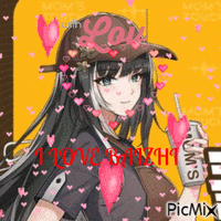 a picture of a girl with long hair and a hat that says i love mom 's