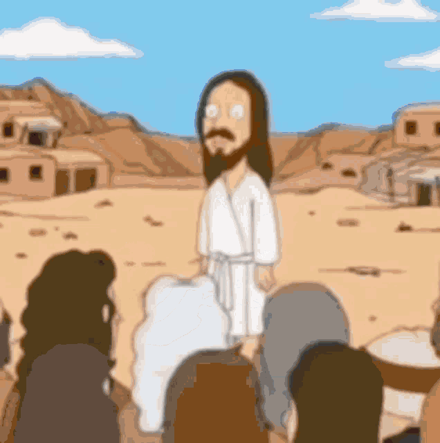 a cartoon of jesus giving a sermon to a group of people in the desert .