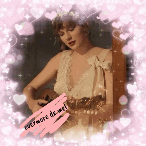 a picture of a woman in a white dress with the words evermore de mel on the bottom right