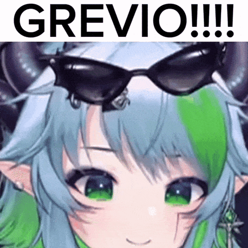 a close up of a girl wearing sunglasses with the word grevio written on the bottom