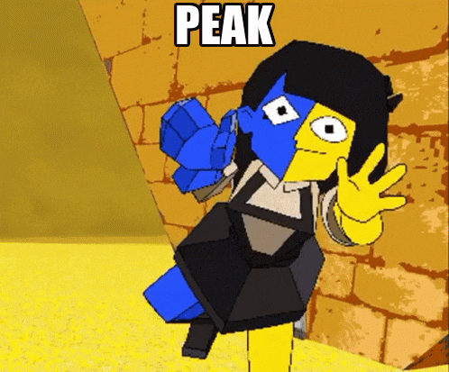 a cartoon character is standing in front of a brick wall and the word peak is on the bottom