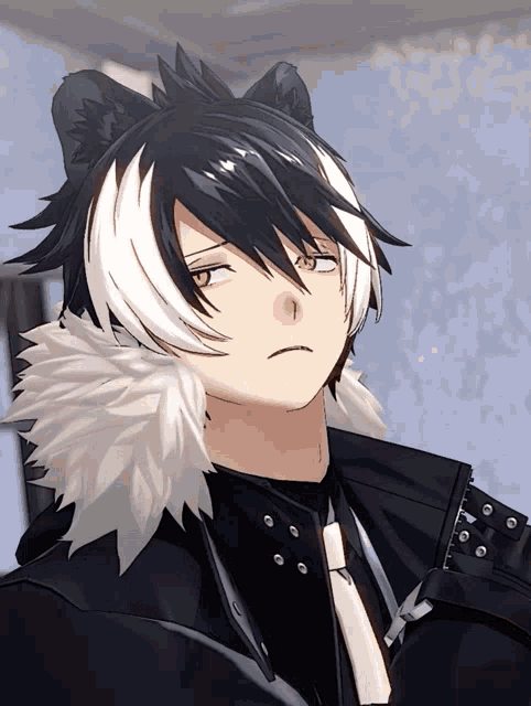 a cartoon character with black and white hair and yellow eyes is wearing a black jacket and tie