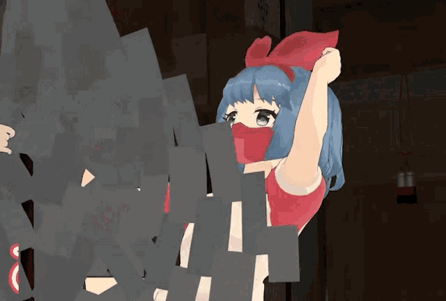 a girl with blue hair and a red bow on her head is standing in front of a wall