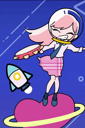 a girl in a space suit is holding a tambourine