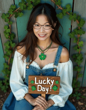 a woman in overalls holds a sign that says lucky day