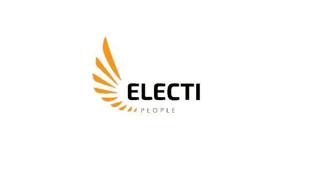 a logo for electi business partner with blue wings on a white background