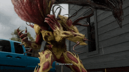 a monster in a video game says " pained screaming " while standing in front of a house