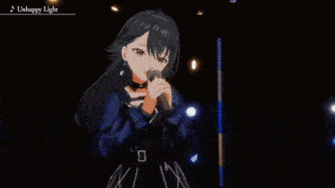 a girl is singing into a microphone with the word unhappy in the background