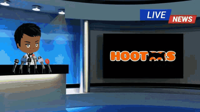 a cartoon of a man giving a news conference in front of a hooters logo