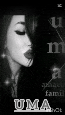 a black and white photo of a woman with the name uma written on the bottom