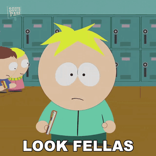 a cartoon character from south park is holding a book and says " look fellas "
