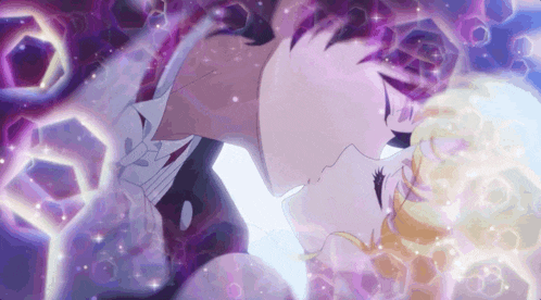 a man and a woman are kissing in a purple background .