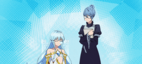 a woman with glasses stands next to a girl with long blue hair who is sleeping