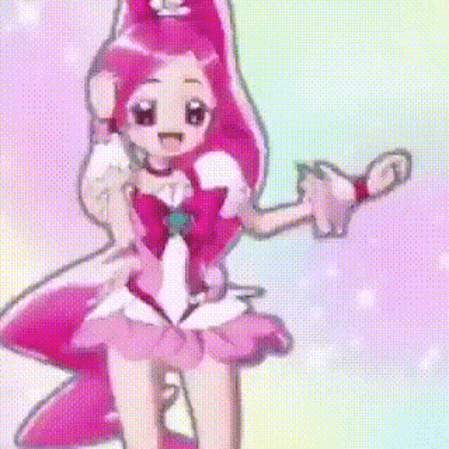 a girl in a pink dress is standing in front of a rainbow background .