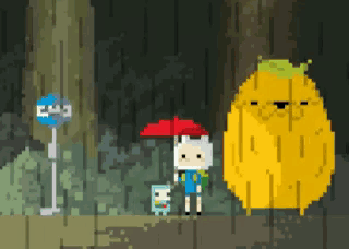 a pixel art of finn holding a red umbrella and a yellow monster