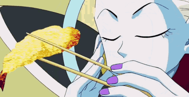 a cartoon character with purple nails is eating a piece of food with chopsticks