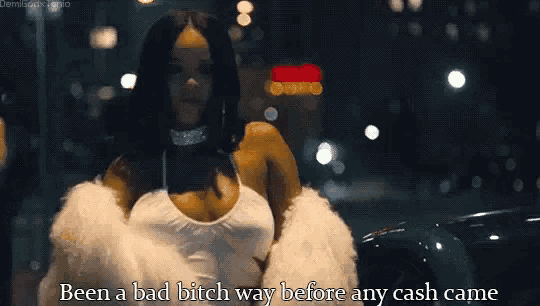 a woman is wearing a fur coat and a white tank top and says been a bad bitch way before any cash came .