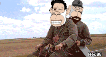 a cartoon of two men riding a motorcycle with red88 on the bottom