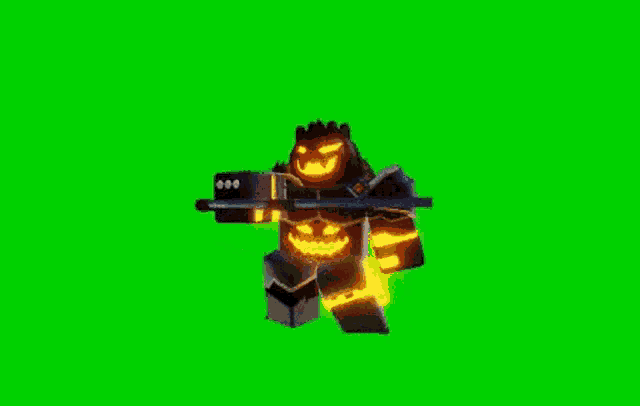 a cartoon character with a pumpkin face is holding an axe .