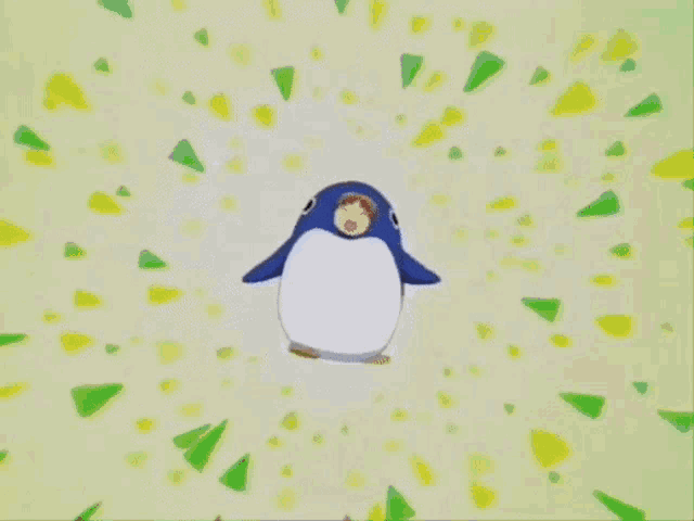 a cartoon character is dressed as a penguin and is surrounded by yellow and green triangles .