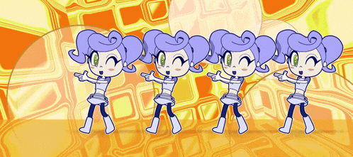 a group of cartoon characters with purple hair and green eyes are standing in a row