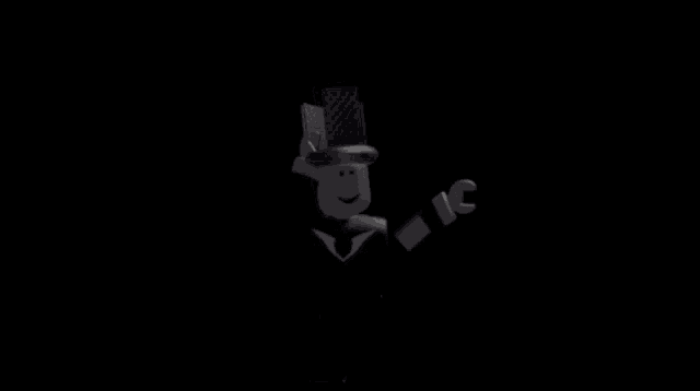 a roblox character wearing a top hat and a bow tie is standing in the dark .
