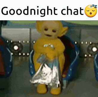 a teletubbies doll is sitting in a chair with the words goodnight chat above it