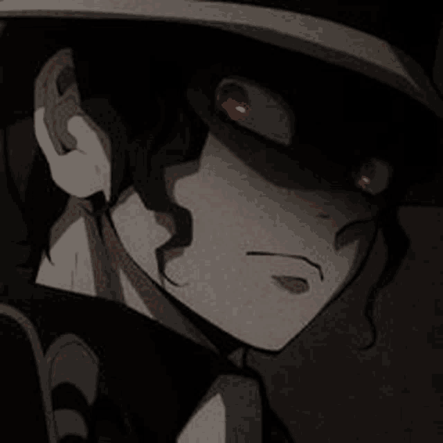 a black and white drawing of a person with red eyes wearing a hat .