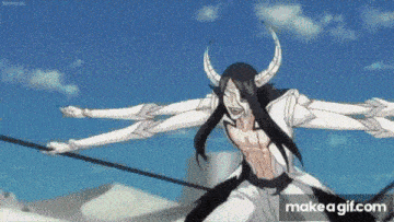 a man with long black hair and horns is standing on a rope with his arms outstretched .