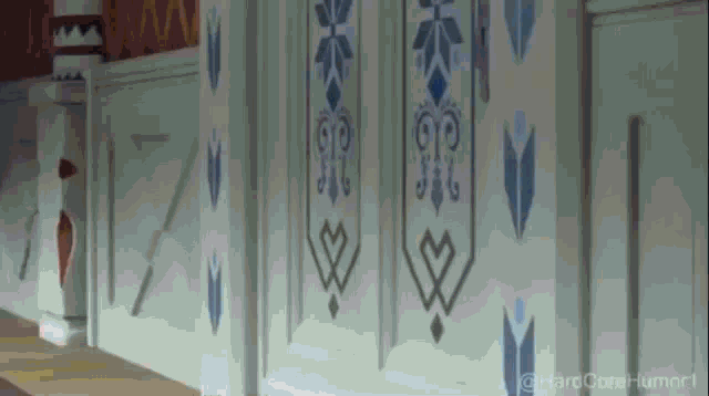 a hallway with hearts and arrows painted on it