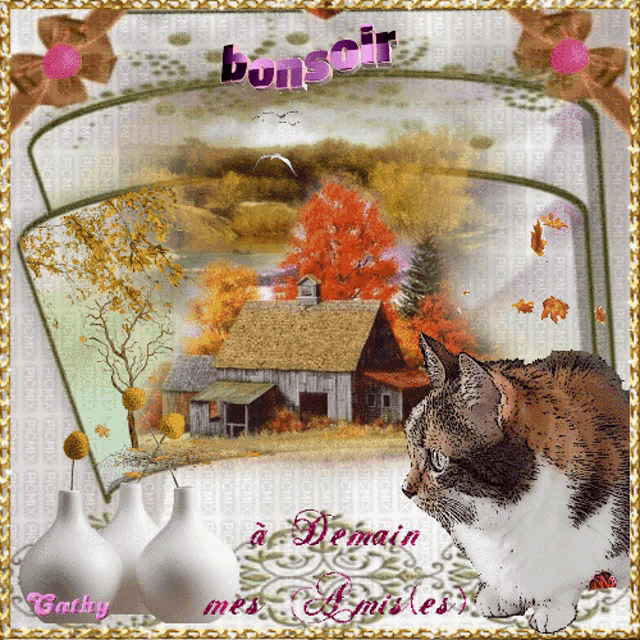 a cat is sitting in front of a painting of a house and trees with the words " bonsoir " written above it