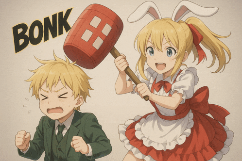a boy and a girl are standing next to each other with the word bonk behind them