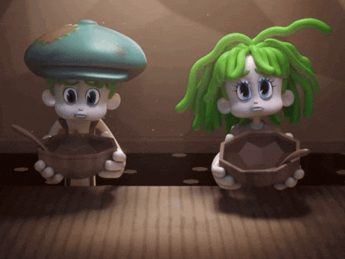 a boy and a girl with green hair holding bowls of food