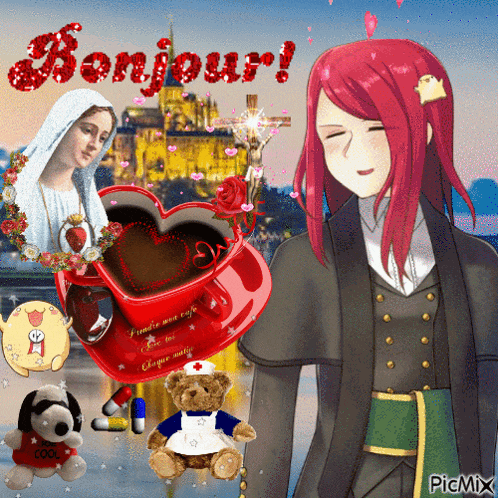 a woman with red hair is standing next to a cup of coffee that says " bonjour "