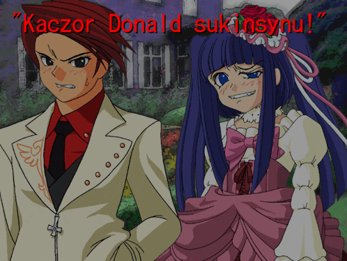 a man and a girl are standing next to each other with the words kaczor donald suk insynu