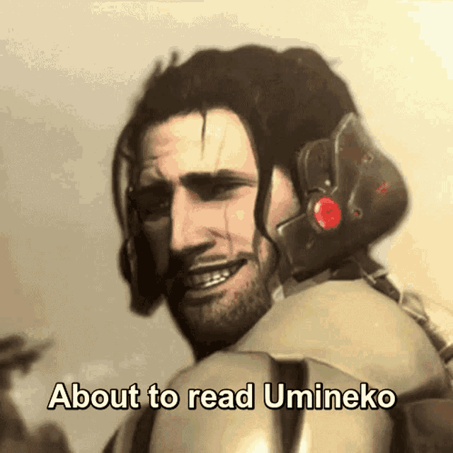 a man with a helmet on his head and the words about to read umineko below him