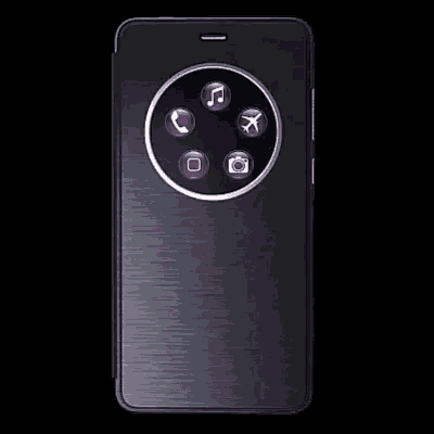 a black cell phone with purple icons on the screen including a phone a camera and an airplane