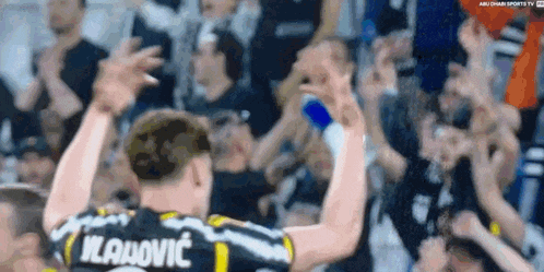 a soccer player wearing a jersey that says vladovic is being applauded by his fans .