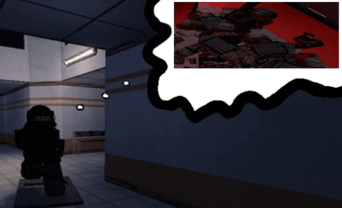 a computer generated image of a person in a dark room with a speech bubble above them