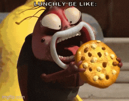 a cartoon bug is holding a cookie with the words lunchly be like written above it