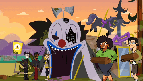 a group of people standing around a clown tent
