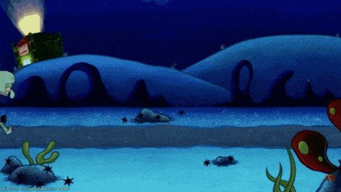 a cartoon scene with a spongebob character and a sign that says spongebob squarepants