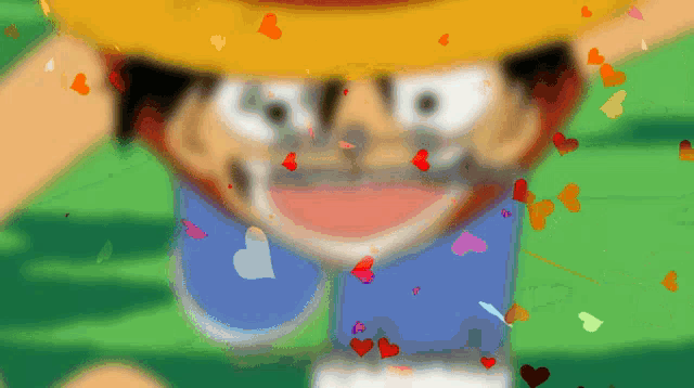 a cartoon character with hearts flying around his face