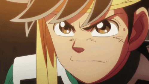 a close up of a cartoon character 's face with a yellow headband