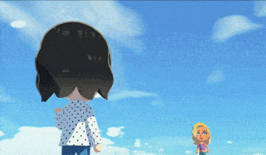 a cartoon drawing of a girl and a boy standing in front of a blue sky