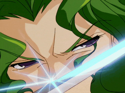 a close up of a person with green hair holding a sword