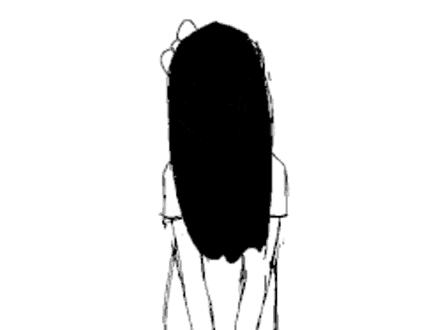 a black and white drawing of a woman with long hair standing in front of a white background .